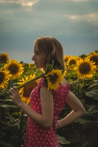 beautiful young girl in a white blouse in the sunflower field, outdoors