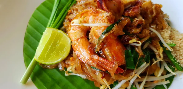 Close Stir Fried Rice Noodle River Prawn Shrimp Bean Sprout — Stock Fotó