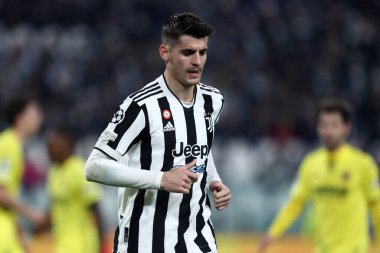 Torino, İtalya. 16 Mart 2022. Juventus Fc takımından Alvaro Morata, Juventus Fc ve Villareal CF arasında oynanan 16 bacaklı UEFA Şampiyonlar Ligi ikinci turunda.