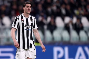 Torino, İtalya. 16 Mart 2022. Juventus Fc takımından Dusan Vlahoviç, Juventus Fc ve Villareal CF arasında oynanan 16 bacaklı UEFA Şampiyonlar Ligi ikinci turunda.