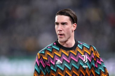 Torino, İtalya. 16 Mart 2022. Juventus Fc takımından Dusan Vlahoviç, Juventus Fc ve Villareal CF arasında oynanan 16 bacaklı UEFA Şampiyonlar Ligi ikinci turunda.