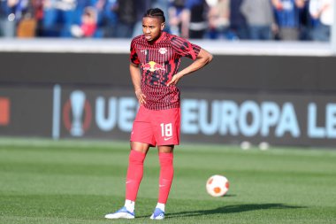 Bergamo, İtalya. 14 Nisan 20220. Atalanta BC ile RB Leipzig arasındaki UEFA Avrupa Ligi çeyrek final maçı sırasında RB Leipzig 'den Christopher Nkunku .