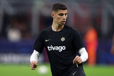 Chelsea Fc takımından Kai Havertz 11 Ekim 2022 'de İtalya' nın Milano kentinde bulunan Giuseppe Meazza Stadyumu 'nda AC Milan ve Chelsea FC arasında oynanan E karşılaşmasında.