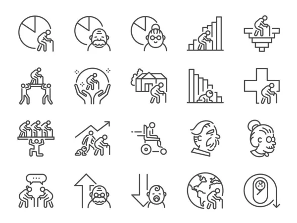 Conjunto Iconos Sociedad Envejecida Incluido Los Iconos Como Anciano Ancianos — Vector de stock