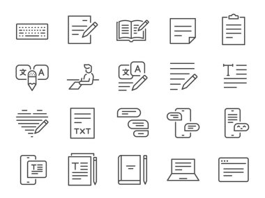Text icon set. Included the icons as Write Review, Creative Article Writing, Internet Content Editing, and more.