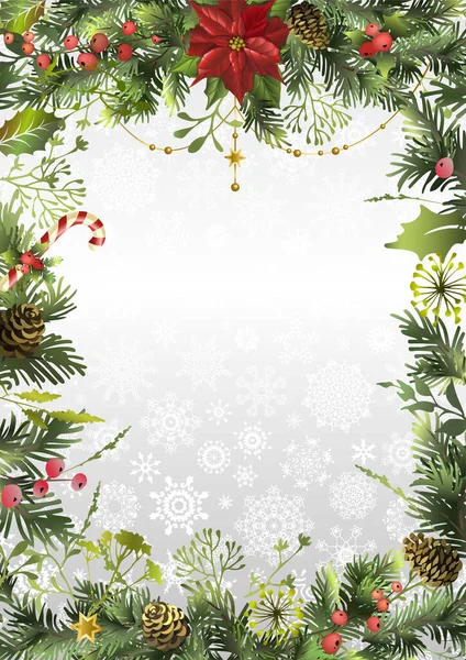 Weihnachten Hintergrund mit Zweigen, Weihnachtsstern Blume, Stechpalme und Platz für Text. Postkarte. — Stockvektor