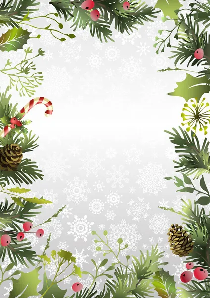 Weihnachten Hintergrund mit Zweigen, Weihnachtsstern Blume, Stechpalme, Schneeflocken und Raum für Text. Postkarte. Weihnachtsrahmen. — Stockvektor