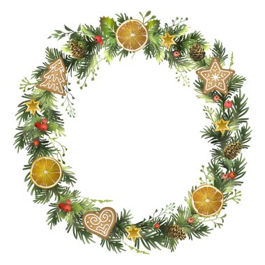 Köknar dallı Noel çelengi, köknar kozalakları, portakal dilimleri, Noel kurabiyeleri ve kırmızı böğürtlen.