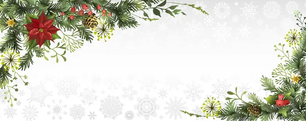 Weihnachten, Neujahr Banner oder Hintergrund mit Eckdekor. Winterurlaub Hintergrund mit Tannenzweigen, Weihnachtsstern Blume, Beeren und Zapfen. — Stockvektor