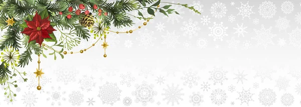 Karácsony, újév banner vagy háttér sarok dekoráció. Ünnepi háttér fenyőágakkal, poinsettia virággal, bogyókkal és tobozokkal. — Stock Vector