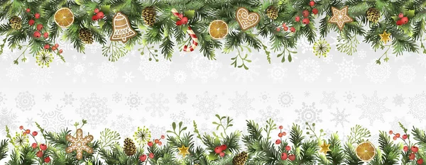 Weihnachten Hintergrund mit Tannenzweigen, Tannenzapfen, Stechpalme, Orangenscheiben, Plätzchen und Platz für Text. Postkarte. — Stockvektor