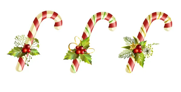 Karácsonyi csíkos cukorka készlet magyal bogyó dekoráció. Karácsonyi nyalóka készlet. édes hagyományos ajándék illusztráció. — Stock Vector