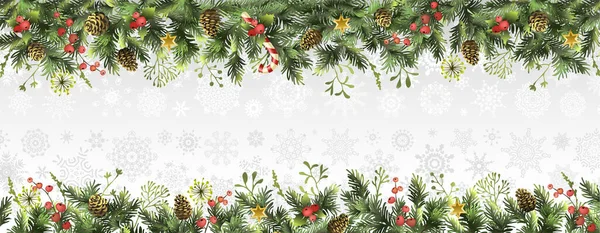 Weihnachten Hintergrund mit Tannenzweigen, Tannenzapfen, Stechpalme und Platz für Text. Postkarte. — Stockvektor