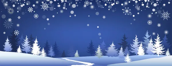 Blå vinter bakgrund. God Jul vykort mall med vinter skog och utrymme för text. Festlig banderoll. — Stock vektor