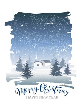 Mutlu noel kartpostalları ya da pankart tasarımı kış ormanı ve evle birlikte. Bayram bayrağı.