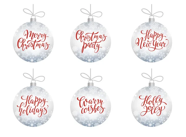 Bolas decorativas de Natal com inscrições de letras. Ícones de Feliz Natal. — Vetor de Stock