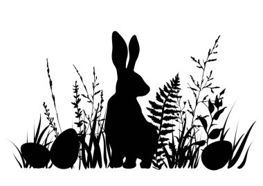 Easter background with black silhouettes of rabbit, herbs and eggs.
