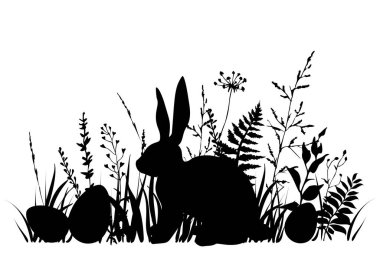 Easter background with rabbit, eggs and spring wildflowers.