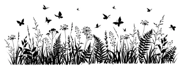 Meadow herbs and flying butterflies. Flowering summer or spring field. — Vetor de Stock