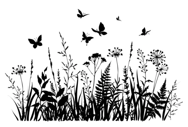 Herbs and butterflies. Spring or summer flowers. Floral field. — Vetor de Stock