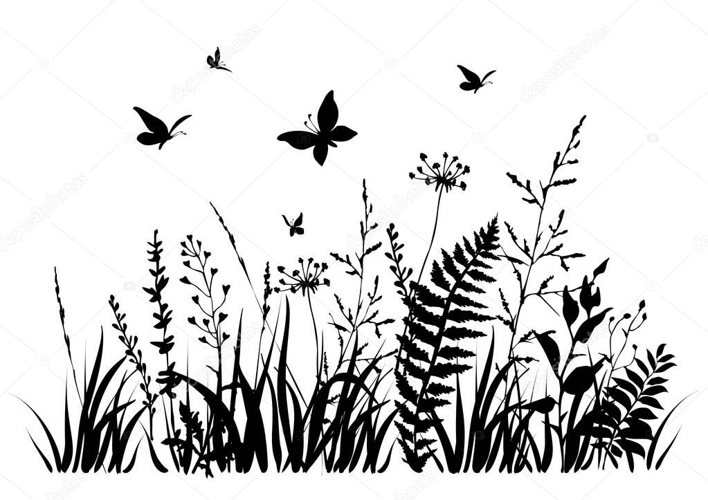 Wildflowers and butterflies silhouettes. Floral spring or summer field.