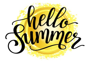 Merhaba, soyut güneşli harflerle çizilmiş el yazısı. Yaz tabelası. Vektör illüstrasyonu.