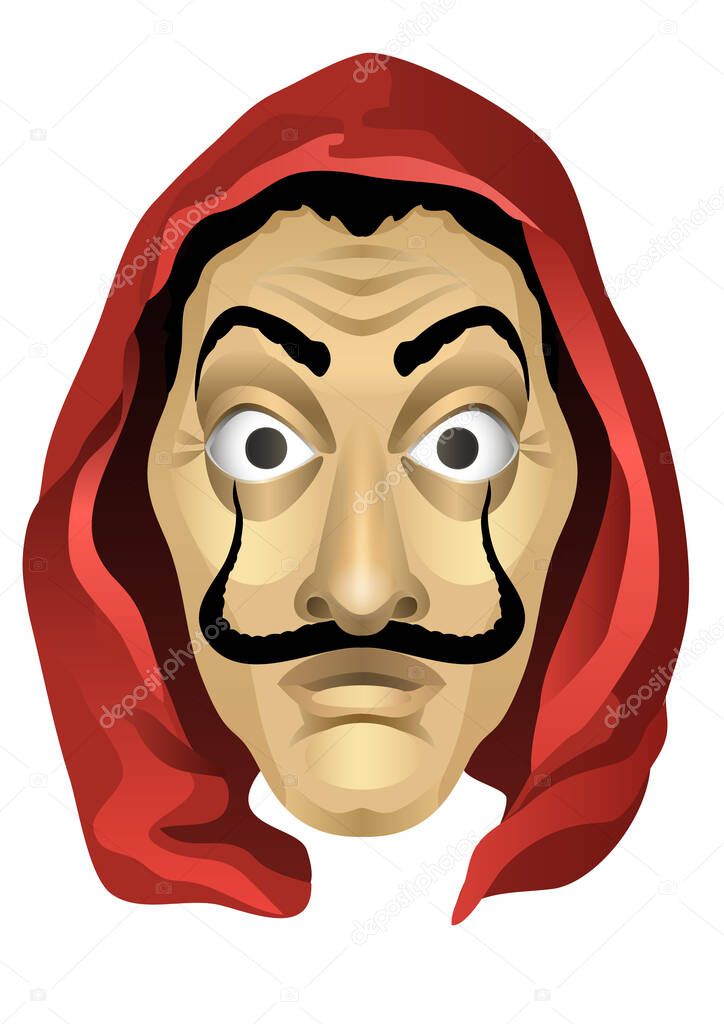 Hooded mustache mask. Scary man with mustache mask in red hood. Vector illustration.