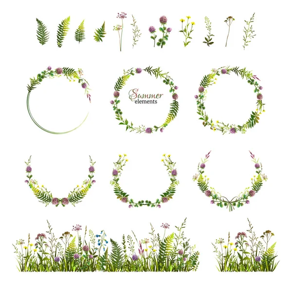 Summer floral design elements. Set of wreaths, flowers, herbs and floral field. — ストックベクタ