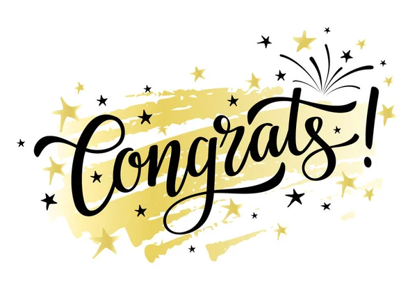 Congrats phrase. Hand drawn black lettering on golden background with stars. Vector illustration.