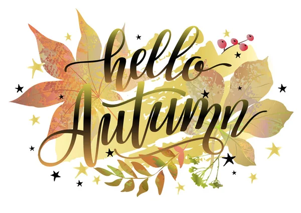 Hello Autumn Banner Background Colorful Leaves Berries Lettering Inscription Vector — Archivo Imágenes Vectoriales