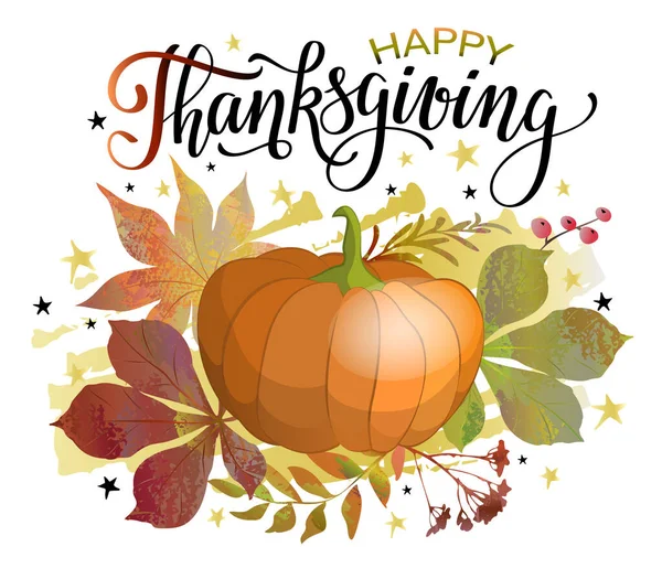 Balkabağı, sonbahar yaprakları ve yazıtlı Şükran Günü bayrağınız kutlu olsun. Vektör illüstrasyonu.