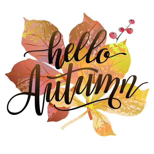 Hello Autumn Sign Fall Composition Colorful Leaves Berries Lettering Inscription — Archivo Imágenes Vectoriales