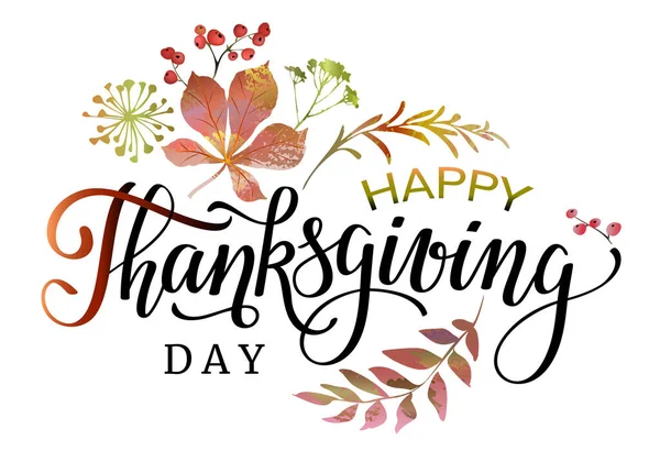 Kartpostal, simge, logo ya da poster için sonbahar yapraklı el yazısıyla yazılmış Şükran Günü mektupları. Vektör illüstrasyonu.