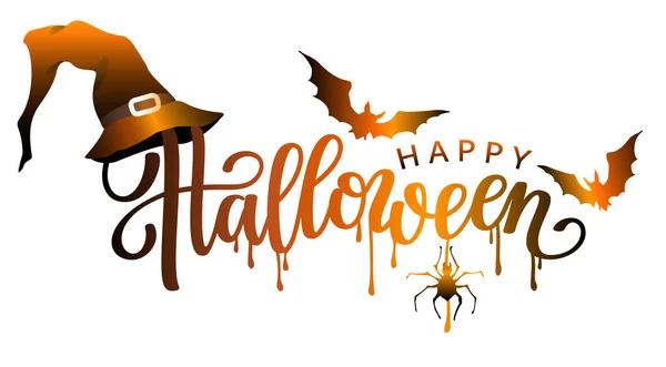 Black Halloween Decorative Orange Lettering Bats Spidaer Witch Hat Vector — Image vectorielle