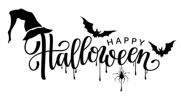 Happy Halloween Black Lettering Bats Spider Witch Hat Vector Illustration — ストックベクタ