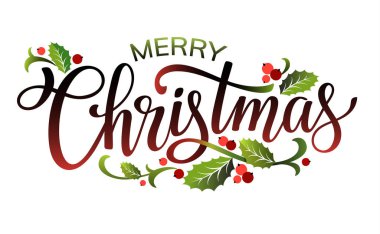 Merry Christmas handwritten lettering design with mistletoe leaves and holly berry. Vector illustration.