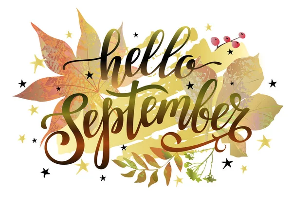 大家好 九月的横幅上有字母和秋天的叶子 明信片 每月组织者 矢量说明 — 图库矢量图片