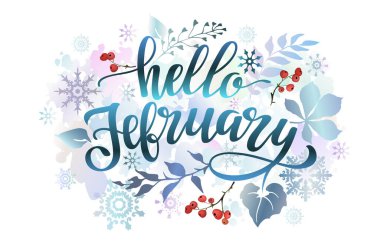 Renkli yapraklar, kar taneleri, böğürtlenler ve yazıtlarla dolu Şubat pankartı. Kış dönemi. Vektör illüstrasyonu.