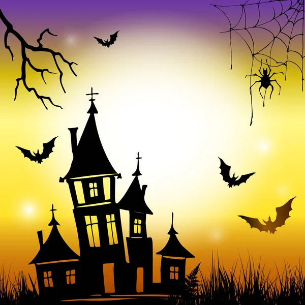 Halloween Carré Conception Fond Avec Château Chauves Souris Araignée Modèle — Image vectorielle