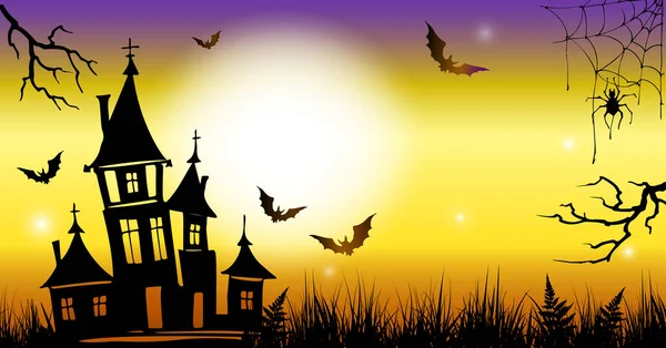 Halloween Disegno Sfondo Orizzontale Con Castello Pipistrelli Ragno Modello Design — Vettoriale Stock