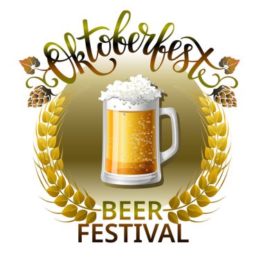 Oktoberfest afişi ya da harfli poster, buğday ve bira bardağı kulakları. Vektör illüstrasyonu.