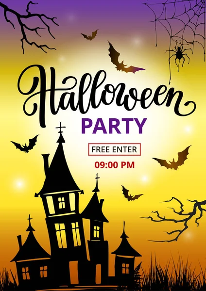 Halloween Party Vertical Poster Lettering Castle Bats Spider Vector Design — Stock Vector