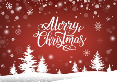 Mutlu Noeller kırmızı tebrik kartı. Kış ormanı ve yazıtları olan kırmızı bir Noel arkaplanı. Bayram afişi. Vektör illüstrasyonu.