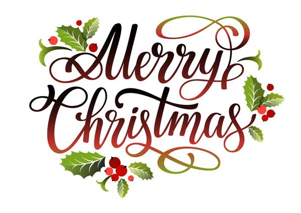 Mutlu Noel el yazısı, ökseotu yaprakları ve kutsal meyveli. Mutlu Noeller tabelası. Noel faktörü. Vektör illüstrasyonu.