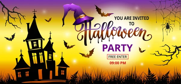 Halloween Party Long Banner Poster Design Lettering Castle Bats Spider — Stock Vector