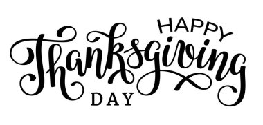 El yazısıyla yazılmış bir Şükran Günü siyah harf dizaynı. Kartpostal, simge, logo ya da poster için Mutlu Şükran Günleri mesajı. Vektör illüstrasyonu.