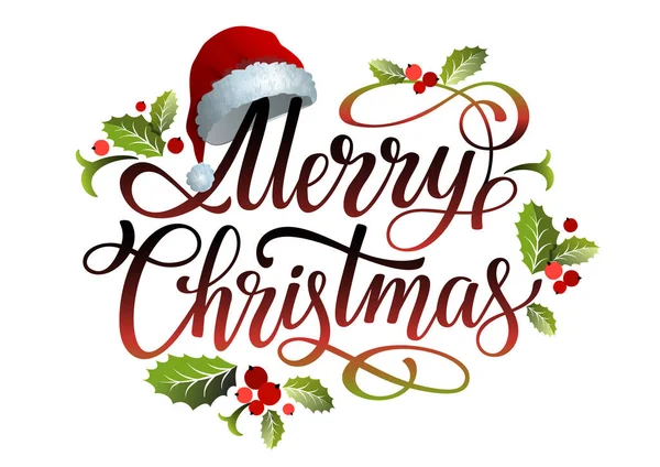 圣诞快乐手写体设计与红色圣诞老人帽 寄生叶和冬青莓 圣诞元素 矢量说明 — 图库矢量图片