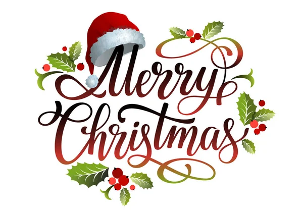 Kırmızı Noel Baba şapkalı, ökseotu yapraklı ve kutsal meyveli mutlu noel yazıları tasarımı. Noel faktörü. Vektör illüstrasyonu.