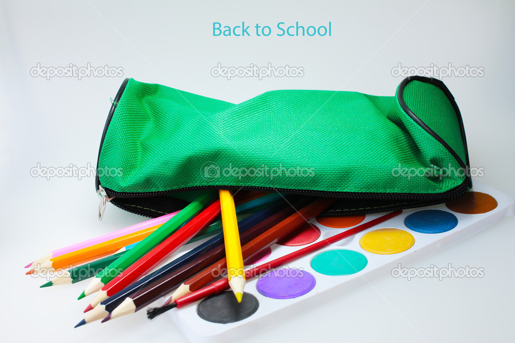 School pencil case with colored pencils