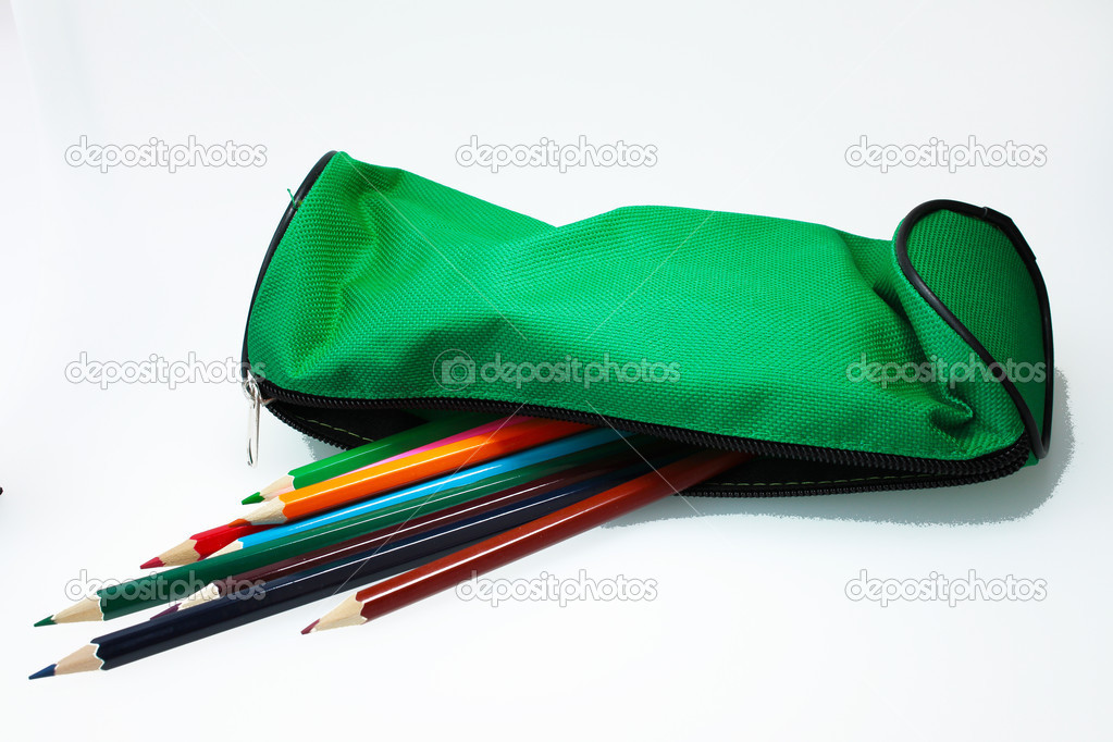 School pencil case with colored pencils